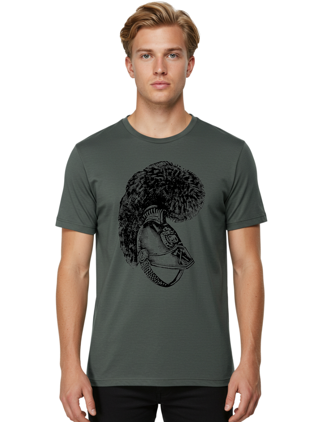 Helmet-With-Plume Men'S Graphic Tee, 100% Cotton, Comfortable Casual Summer Wear, Machine Washable, Medieval Knight Helmet, Metal Armor, Feathered Crest, Vintage Design, Warrior'S Gear, Historical Illustration, Ornate Details, Aad541