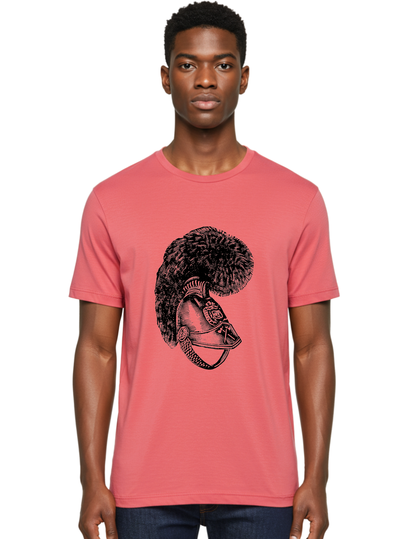 Helmet-With-Plume Men'S Graphic Tee, 100% Cotton, Comfortable Casual Summer Wear, Machine Washable, Medieval Knight Helmet, Metal Armor, Feathered Crest, Vintage Design, Warrior'S Gear, Historical Illustration, Ornate Details, Aad541