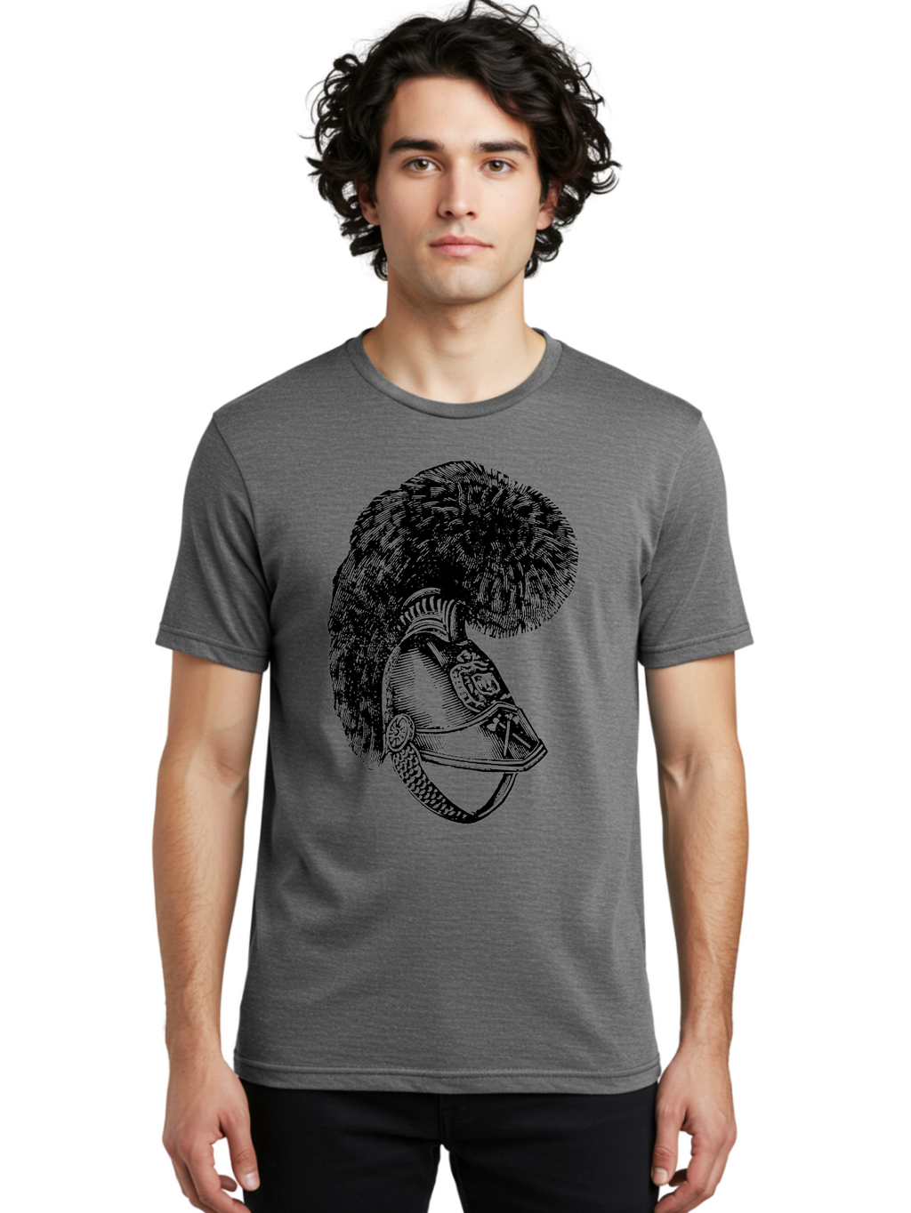 Helmet-With-Plume Men'S Graphic Tee, 100% Cotton, Comfortable Casual Summer Wear, Machine Washable, Medieval Knight Helmet, Metal Armor, Feathered Crest, Vintage Design, Warrior'S Gear, Historical Illustration, Ornate Details, Aad541