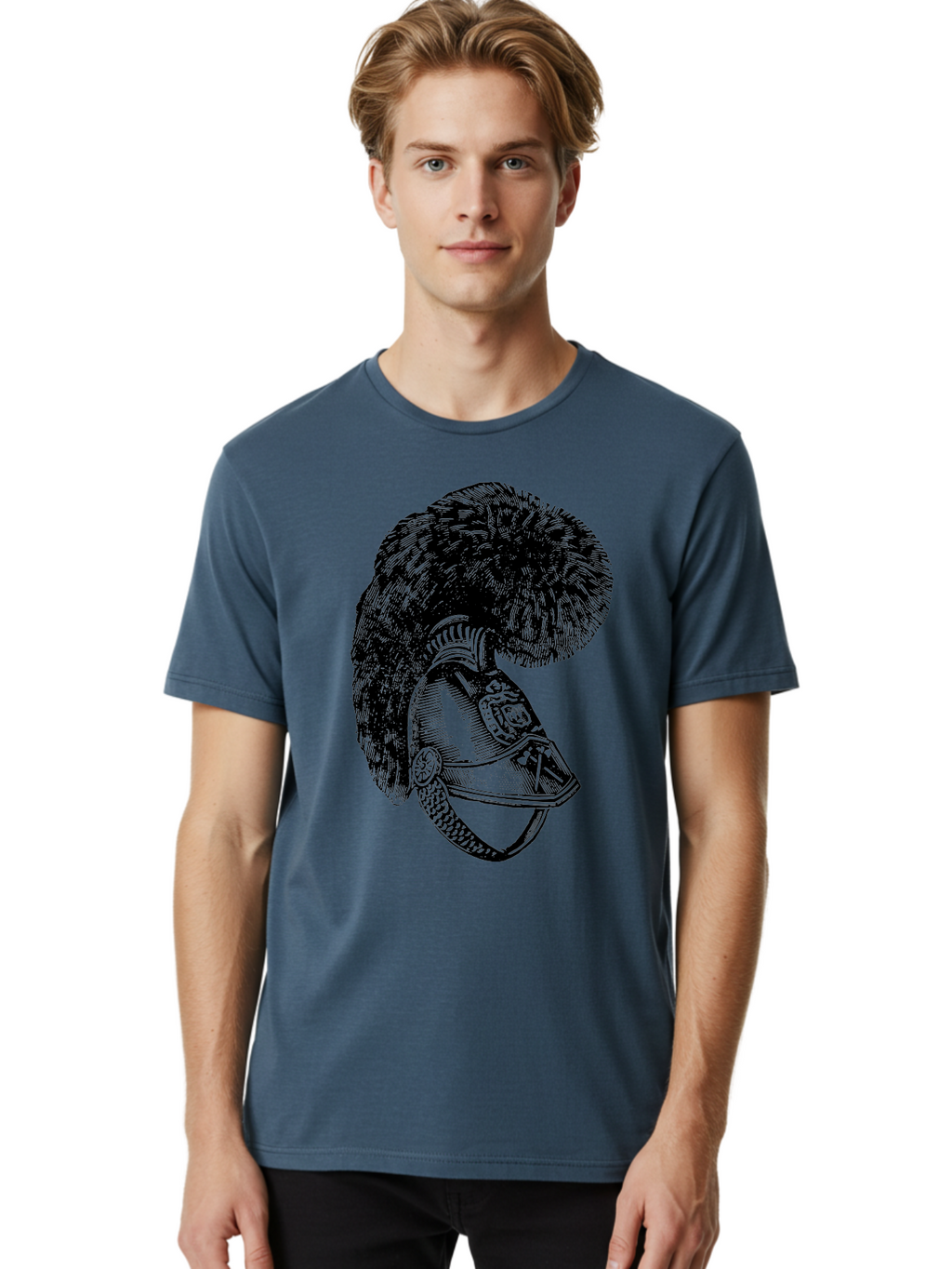Helmet-With-Plume Men'S Graphic Tee, 100% Cotton, Comfortable Casual Summer Wear, Machine Washable, Medieval Knight Helmet, Metal Armor, Feathered Crest, Vintage Design, Warrior'S Gear, Historical Illustration, Ornate Details, Aad541