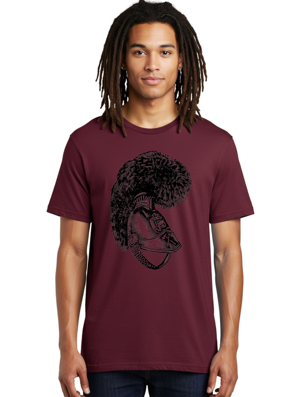 Helmet-With-Plume Men'S Graphic Tee, 100% Cotton, Comfortable Casual Summer Wear, Machine Washable, Medieval Knight Helmet, Metal Armor, Feathered Crest, Vintage Design, Warrior'S Gear, Historical Illustration, Ornate Details, Aad541