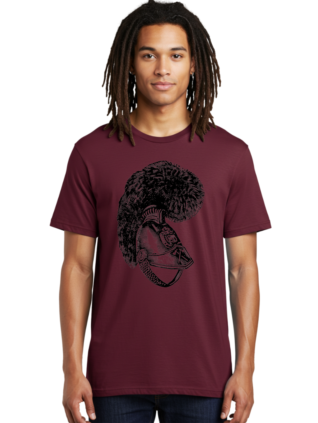 Helmet-With-Plume Men'S Graphic Tee, 100% Cotton, Comfortable Casual Summer Wear, Machine Washable, Medieval Knight Helmet, Metal Armor, Feathered Crest, Vintage Design, Warrior'S Gear, Historical Illustration, Ornate Details, Aad541