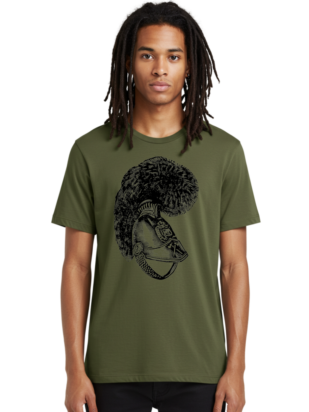 Helmet-With-Plume Men'S Graphic Tee, 100% Cotton, Comfortable Casual Summer Wear, Machine Washable, Medieval Knight Helmet, Metal Armor, Feathered Crest, Vintage Design, Warrior'S Gear, Historical Illustration, Ornate Details, Aad541