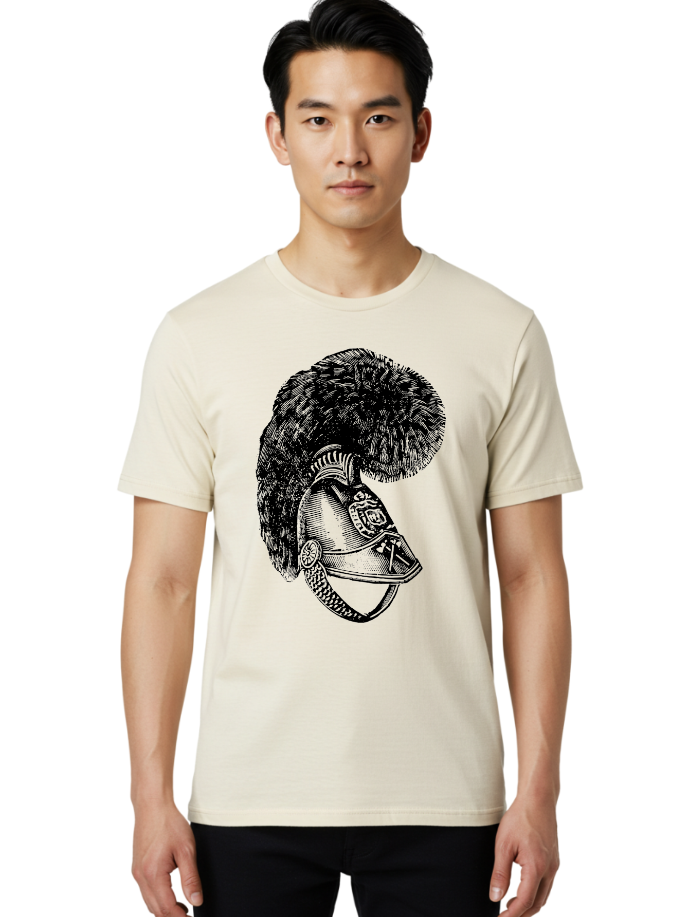 Helmet-With-Plume Men'S Graphic Tee, 100% Cotton, Comfortable Casual Summer Wear, Machine Washable, Medieval Knight Helmet, Metal Armor, Feathered Crest, Vintage Design, Warrior'S Gear, Historical Illustration, Ornate Details, Aad541