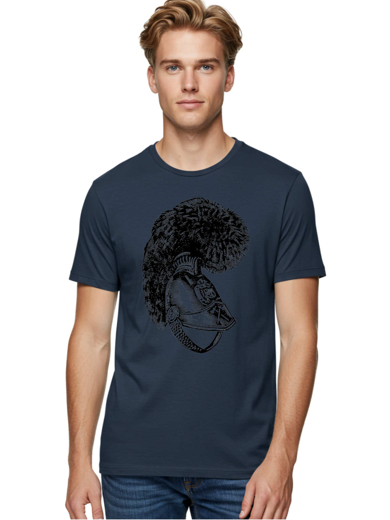Helmet-With-Plume Men'S Graphic Tee, 100% Cotton, Comfortable Casual Summer Wear, Machine Washable, Medieval Knight Helmet, Metal Armor, Feathered Crest, Vintage Design, Warrior'S Gear, Historical Illustration, Ornate Details, Aad541