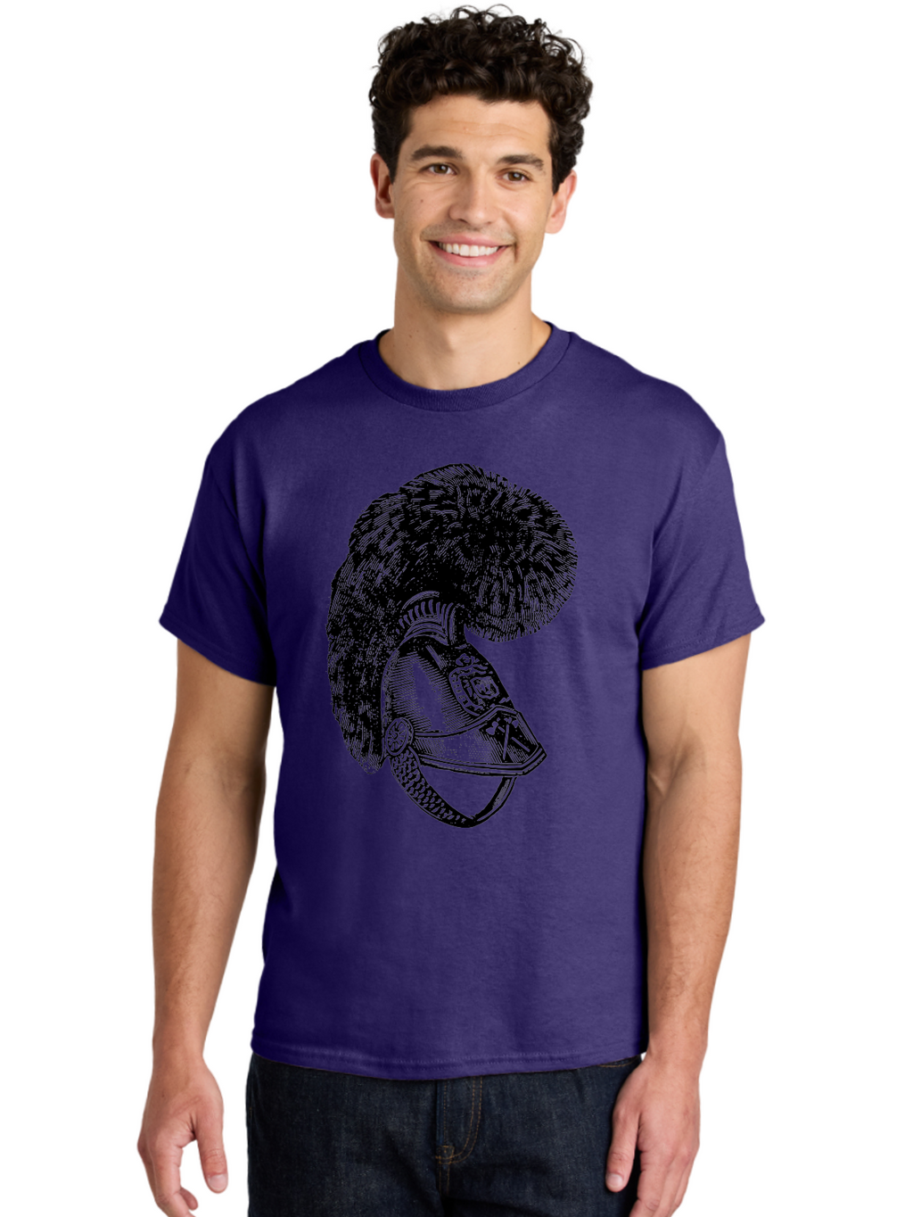 Helmet-With-Plume Men'S Graphic Tee, 100% Cotton, Comfortable Casual Summer Wear, Machine Washable, Medieval Knight Helmet, Metal Armor, Feathered Crest, Vintage Design, Warrior'S Gear, Historical Illustration, Ornate Details, Aad541