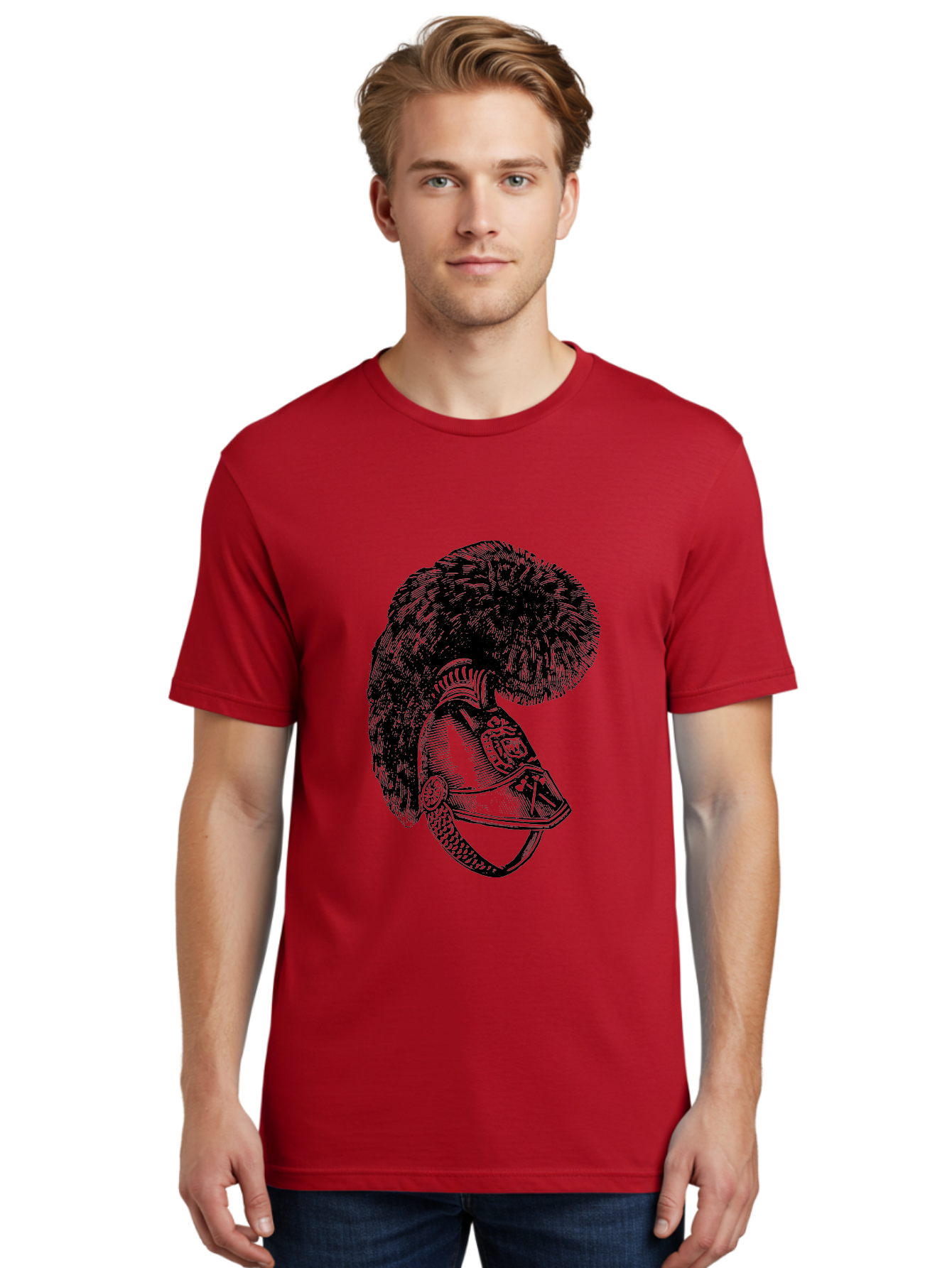 Helmet-With-Plume Men'S Graphic Tee, 100% Cotton, Comfortable Casual Summer Wear, Machine Washable, Medieval Knight Helmet, Metal Armor, Feathered Crest, Vintage Design, Warrior'S Gear, Historical Illustration, Ornate Details, Aad541