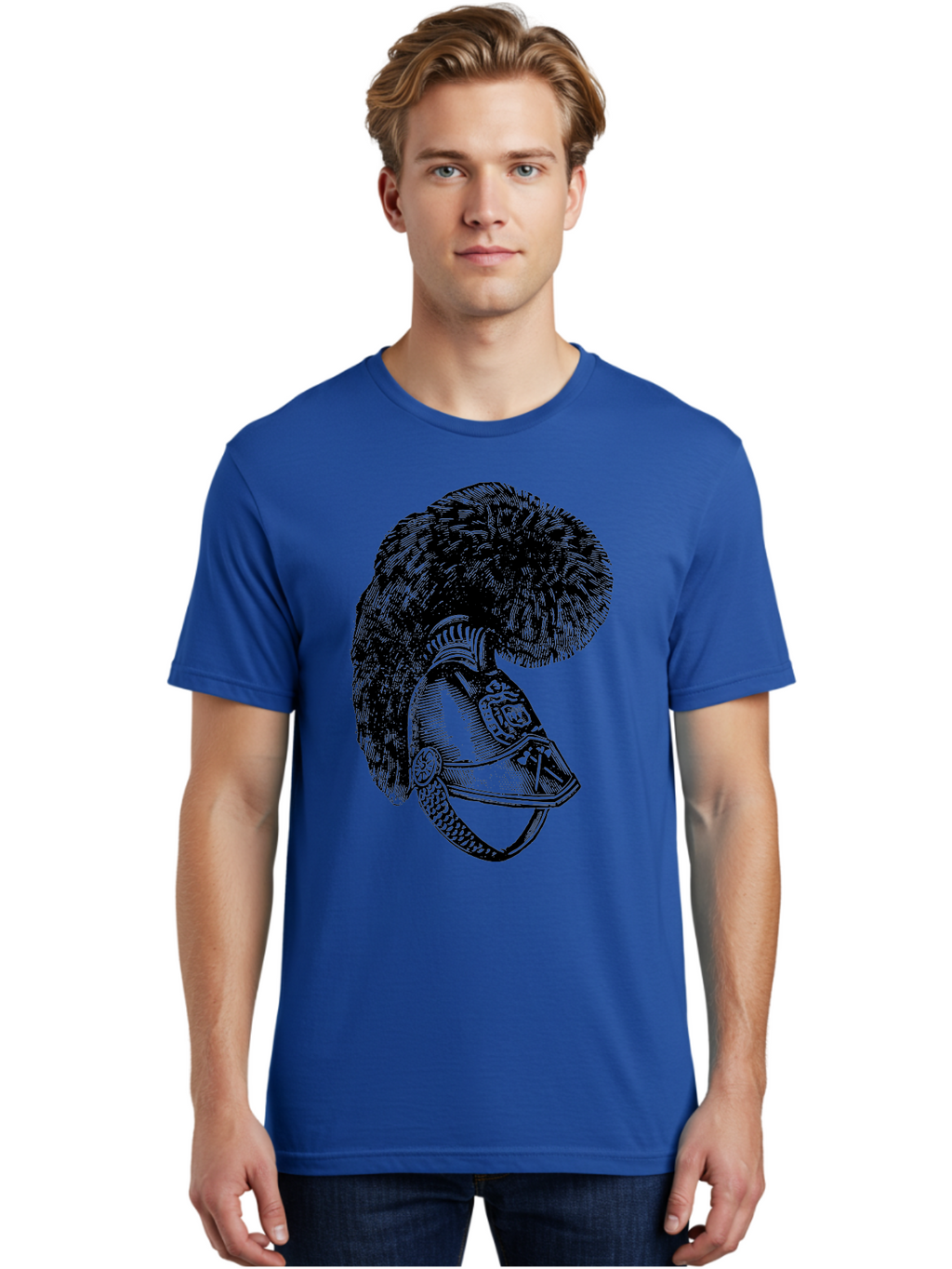 Helmet-With-Plume Men'S Graphic Tee, 100% Cotton, Comfortable Casual Summer Wear, Machine Washable, Medieval Knight Helmet, Metal Armor, Feathered Crest, Vintage Design, Warrior'S Gear, Historical Illustration, Ornate Details, Aad541