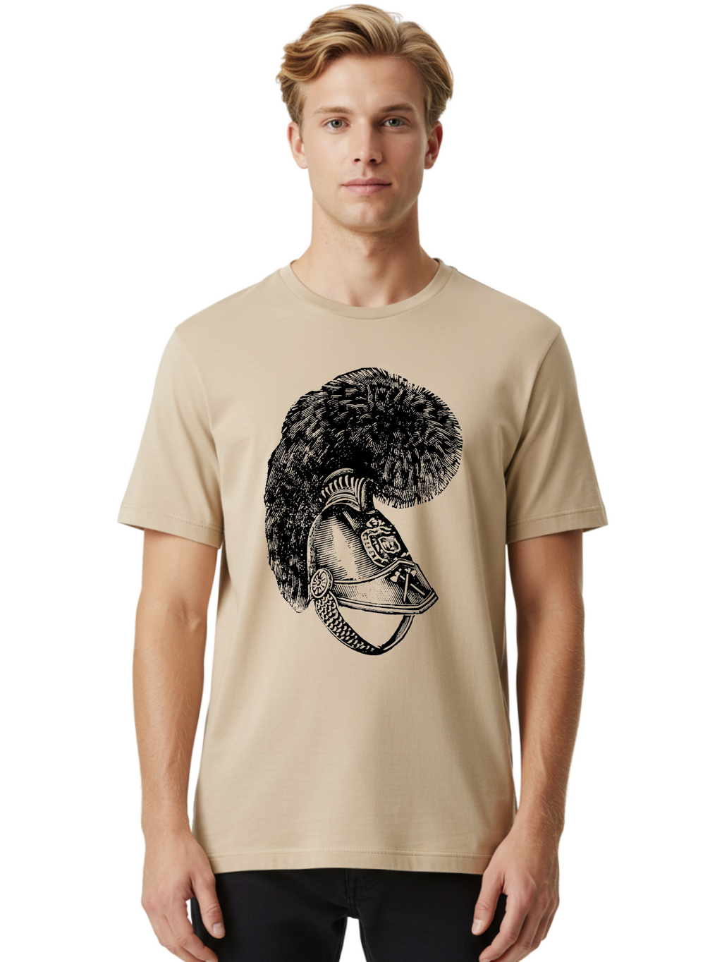 Helmet-With-Plume Men'S Graphic Tee, 100% Cotton, Comfortable Casual Summer Wear, Machine Washable, Medieval Knight Helmet, Metal Armor, Feathered Crest, Vintage Design, Warrior'S Gear, Historical Illustration, Ornate Details, Aad541