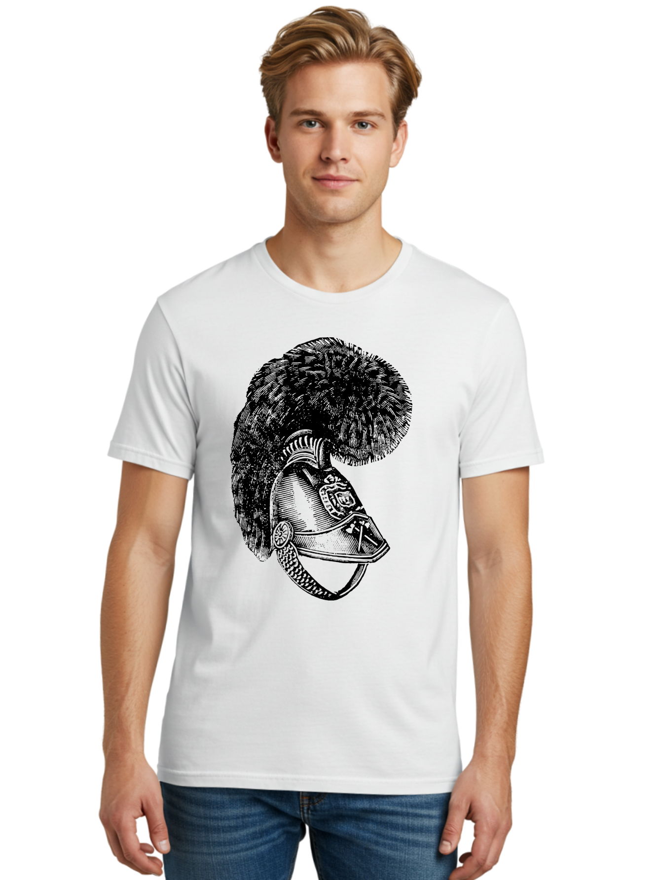 Helmet-With-Plume Men'S Graphic Tee, 100% Cotton, Comfortable Casual Summer Wear, Machine Washable, Medieval Knight Helmet, Metal Armor, Feathered Crest, Vintage Design, Warrior'S Gear, Historical Illustration, Ornate Details, Aad541