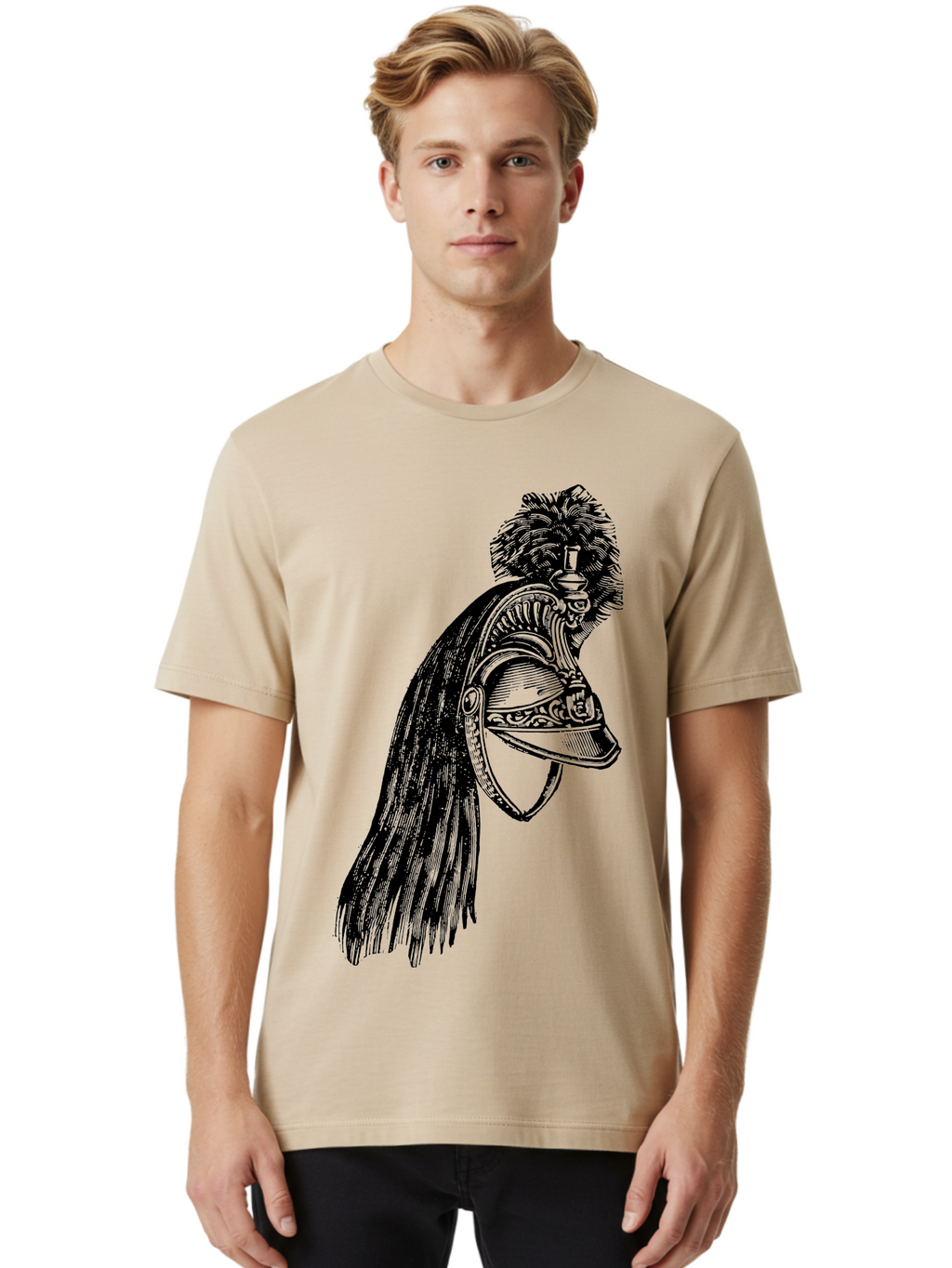 Helmet Men'S Graphic Tee, 100% Cotton, Comfortable Casual Summer Wear, Machine Washable, Vintage Helmet, Feathered Plume, Military Headgear, Historical Armor, Ornate Design, Classical Illustration, Detailed Artwork, Historical Reenactment, Aad542