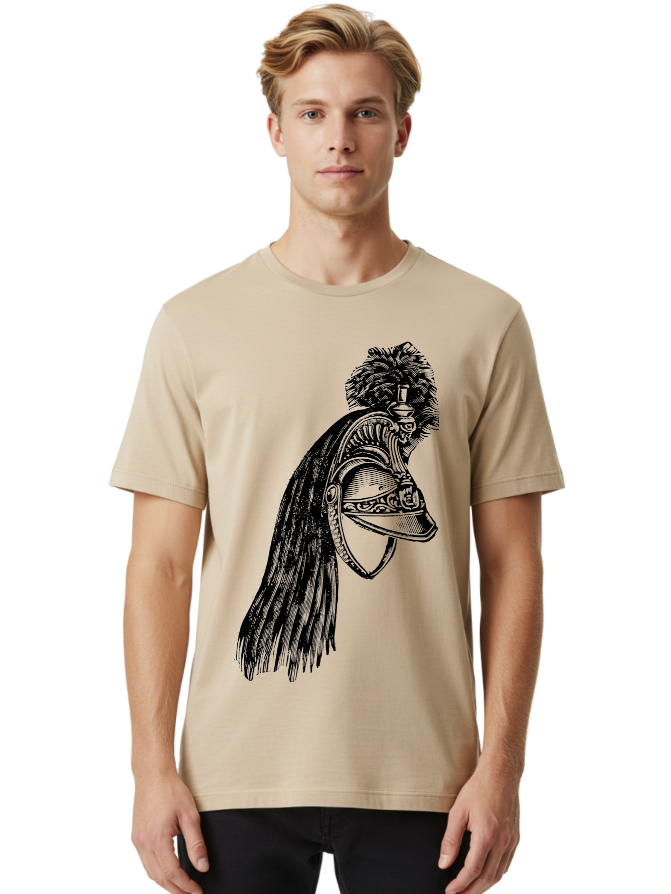 Helmet Men'S Graphic Tee, 100% Cotton, Comfortable Casual Summer Wear, Machine Washable, Vintage Helmet, Feathered Plume, Military Headgear, Historical Armor, Ornate Design, Classical Illustration, Detailed Artwork, Historical Reenactment, Aad542
