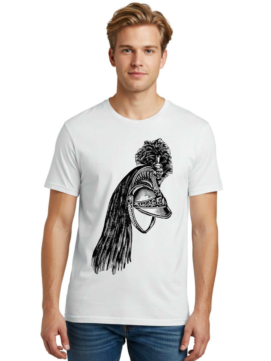 Helmet Men'S Graphic Tee, 100% Cotton, Comfortable Casual Summer Wear, Machine Washable, Vintage Helmet, Feathered Plume, Military Headgear, Historical Armor, Ornate Design, Classical Illustration, Detailed Artwork, Historical Reenactment, Aad542