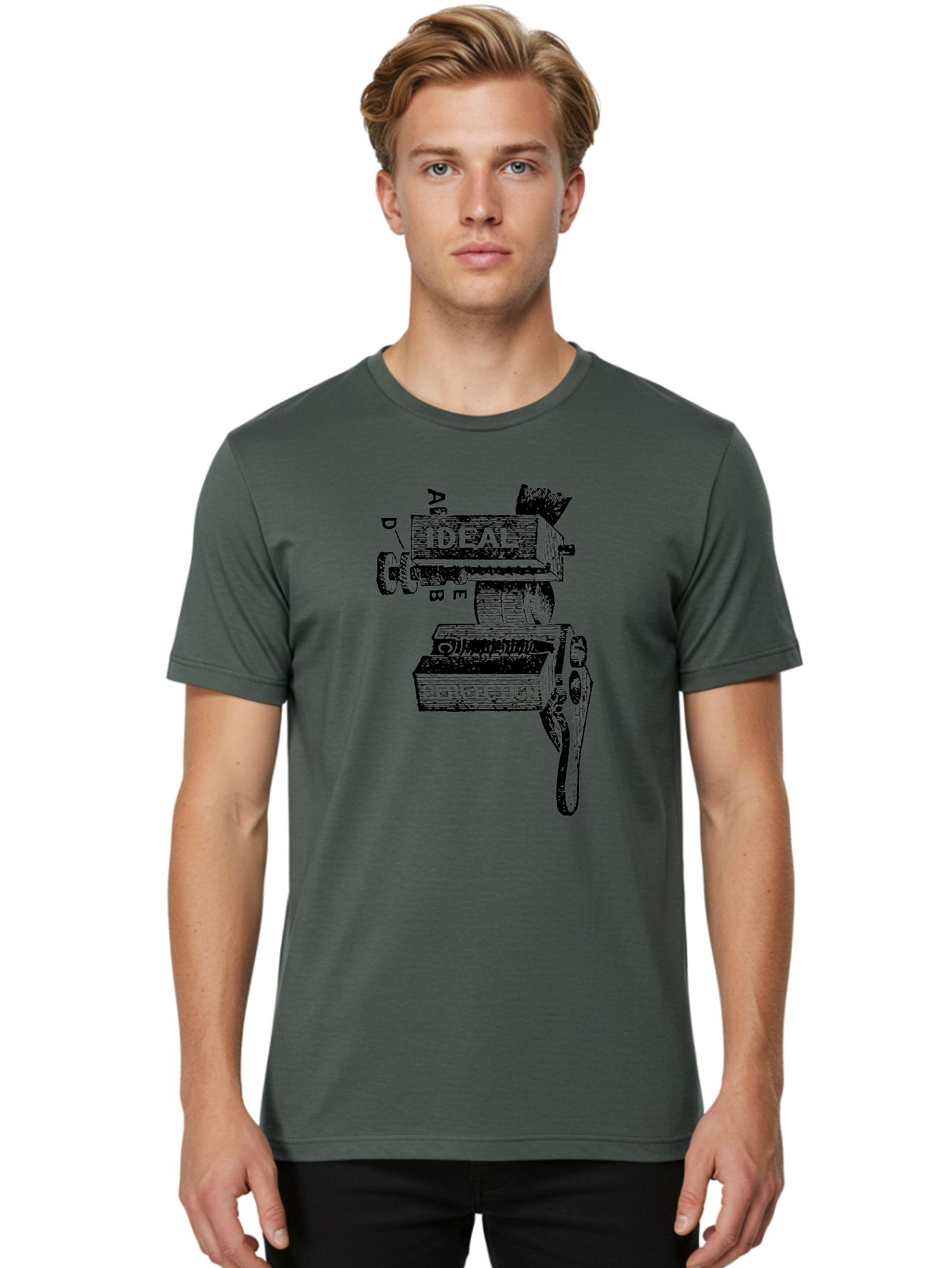 Ideal-And-Perfection-Lathe Men'S Graphic Tee, 100% Cotton, Comfortable Casual Summer Wear, Machine Washable, Ideal, Perfection, Old Machinery, Vintage Industrial, Metalwork, Mechanical Parts, Distressed Texture, Typography Art, Abc Letters, Aad544