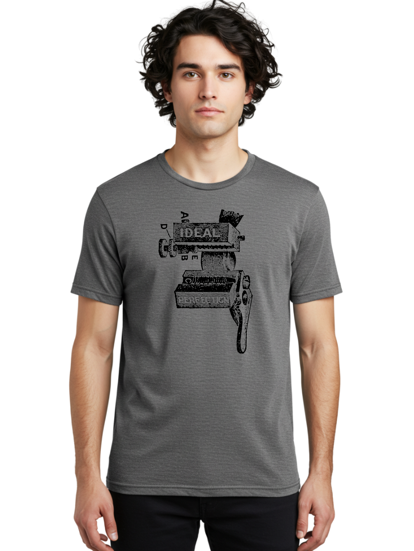 Ideal-And-Perfection-Lathe Men'S Graphic Tee, 100% Cotton, Comfortable Casual Summer Wear, Machine Washable, Ideal, Perfection, Old Machinery, Vintage Industrial, Metalwork, Mechanical Parts, Distressed Texture, Typography Art, Abc Letters, Aad544