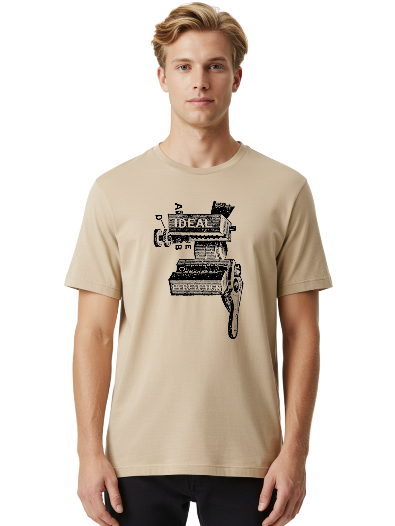 Ideal-And-Perfection-Lathe Men'S Graphic Tee, 100% Cotton, Comfortable Casual Summer Wear, Machine Washable, Ideal, Perfection, Old Machinery, Vintage Industrial, Metalwork, Mechanical Parts, Distressed Texture, Typography Art, Abc Letters, Aad544