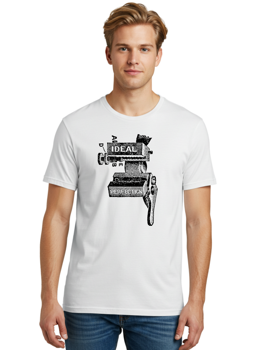 Ideal-And-Perfection-Lathe Men'S Graphic Tee, 100% Cotton, Comfortable Casual Summer Wear, Machine Washable, Ideal, Perfection, Old Machinery, Vintage Industrial, Metalwork, Mechanical Parts, Distressed Texture, Typography Art, Abc Letters, Aad544