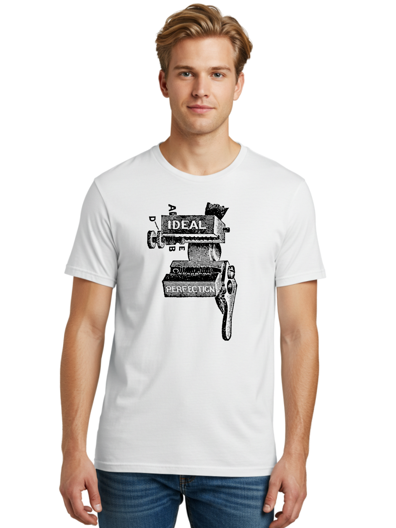 Ideal-And-Perfection-Lathe Men'S Graphic Tee, 100% Cotton, Comfortable Casual Summer Wear, Machine Washable, Ideal, Perfection, Old Machinery, Vintage Industrial, Metalwork, Mechanical Parts, Distressed Texture, Typography Art, Abc Letters, Aad544