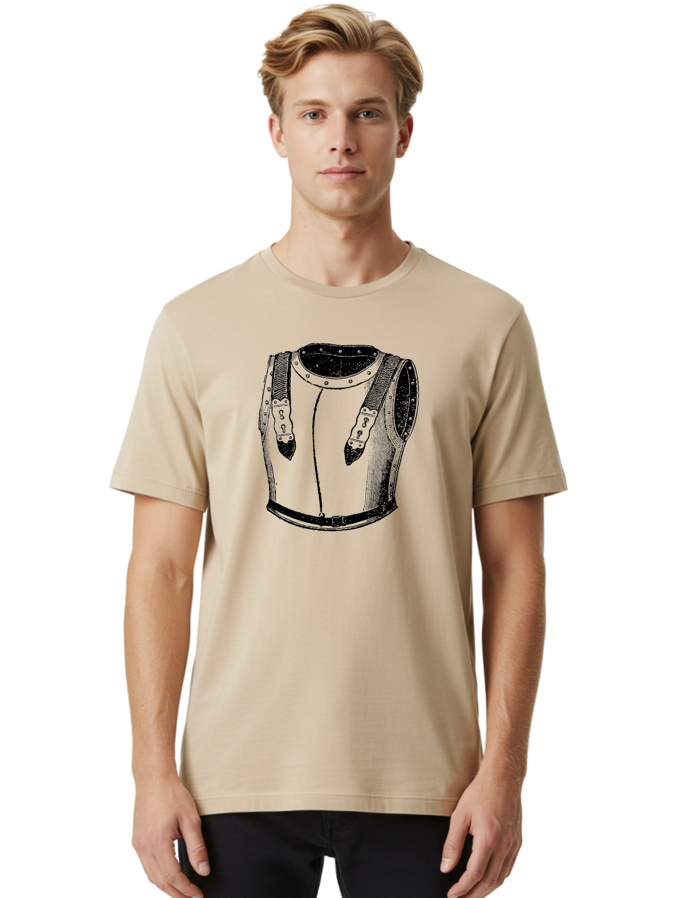 Leather-Corset Men'S Graphic Tee, 100% Cotton, Comfortable Casual Summer Wear, Machine Washable, Medieval Armor, Leather Protection, Historical Clothing, Black And White Illustration, Armor Straps, Keyhole Buckles, Vintage Style, Aad545
