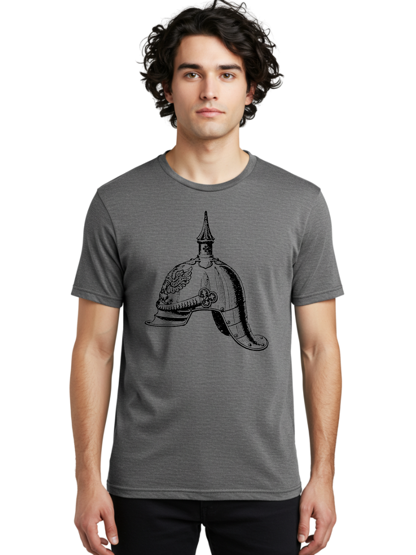 Medieval-Helmet Men'S Graphic Tee, 100% Cotton, Comfortable Casual Summer Wear, Machine Washable, Historical Helmet, Pickelhaube Design, German Military Uniform, Vintage Headgear, Ornate Details, Eagle Emblem, Spike Finial, Aad547