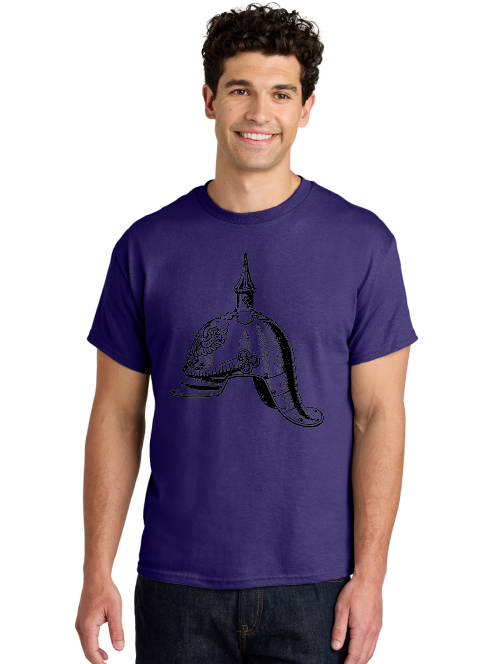 Medieval-Helmet Men'S Graphic Tee, 100% Cotton, Comfortable Casual Summer Wear, Machine Washable, Historical Helmet, Pickelhaube Design, German Military Uniform, Vintage Headgear, Ornate Details, Eagle Emblem, Spike Finial, Aad547