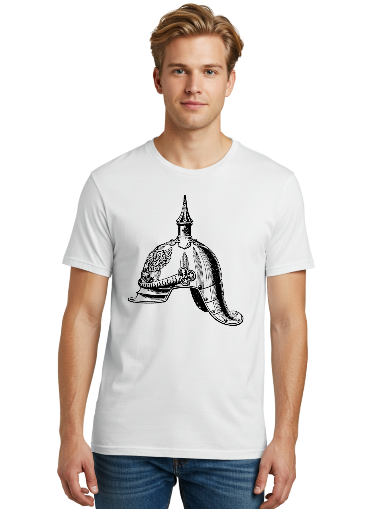 Medieval-Helmet Men'S Graphic Tee, 100% Cotton, Comfortable Casual Summer Wear, Machine Washable, Historical Helmet, Pickelhaube Design, German Military Uniform, Vintage Headgear, Ornate Details, Eagle Emblem, Spike Finial, Aad547