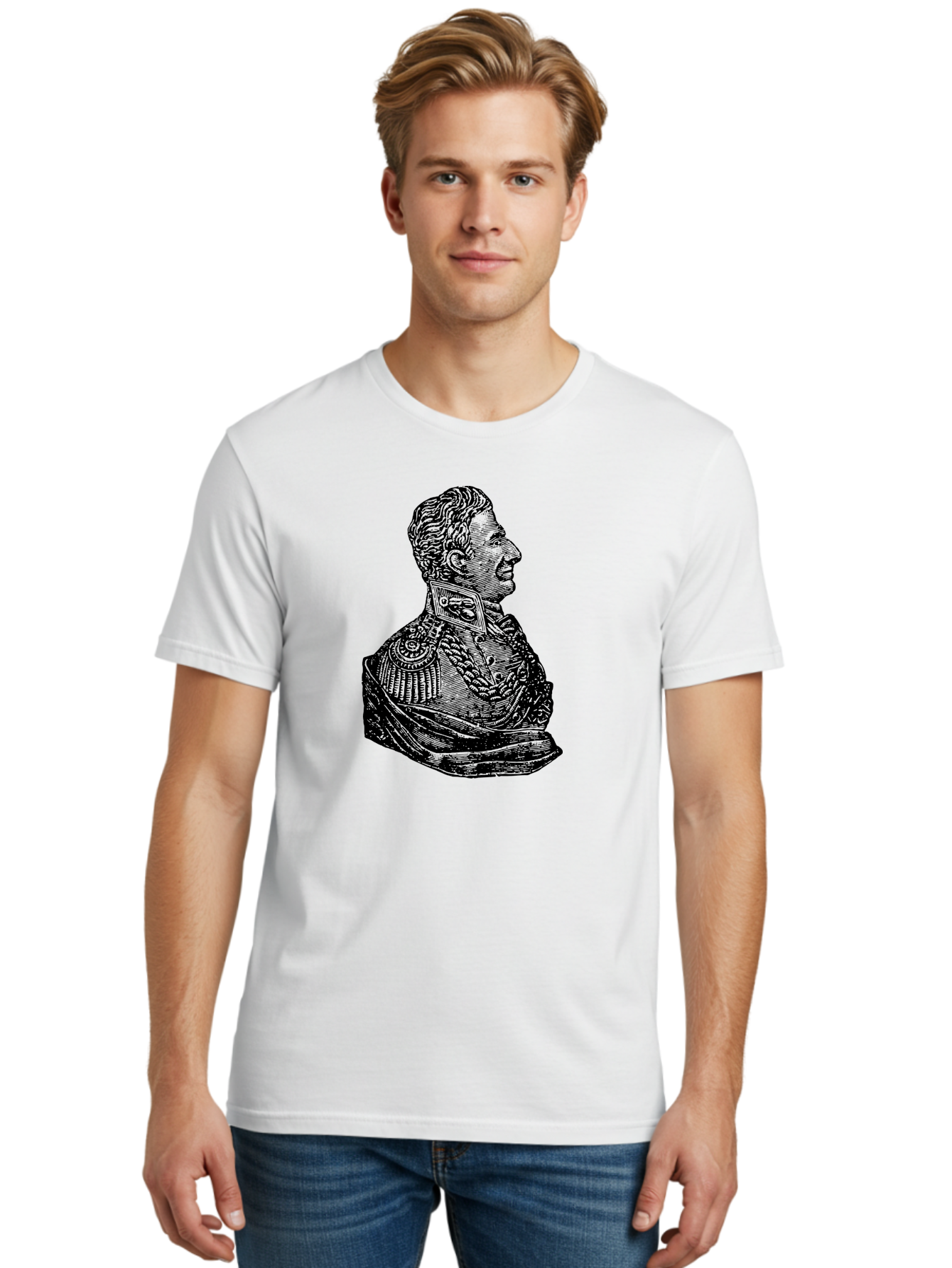 Military-Officer-Bust Men'S Graphic Tee, 100% Cotton, Comfortable Casual Summer Wear, Machine Washable, Military Officer, Historical Figure, Military Uniform, Decorated Jacket, Ornate Details, Side Profile, Illustration Art, Vintage Style, Aad550