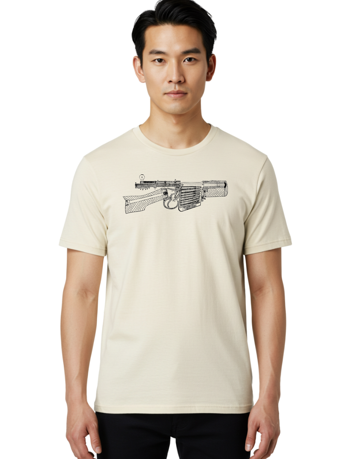 Mp40 Men'S Graphic Tee, 100% Cotton, Comfortable Casual Summer Wear, Machine Washable, Mp40 Submachine Gun, World War Ii Firearm, German Military Equipment, Vintage Gun Design, Black And White Illustration, Firearm Details, Historical Weaponry Aad552