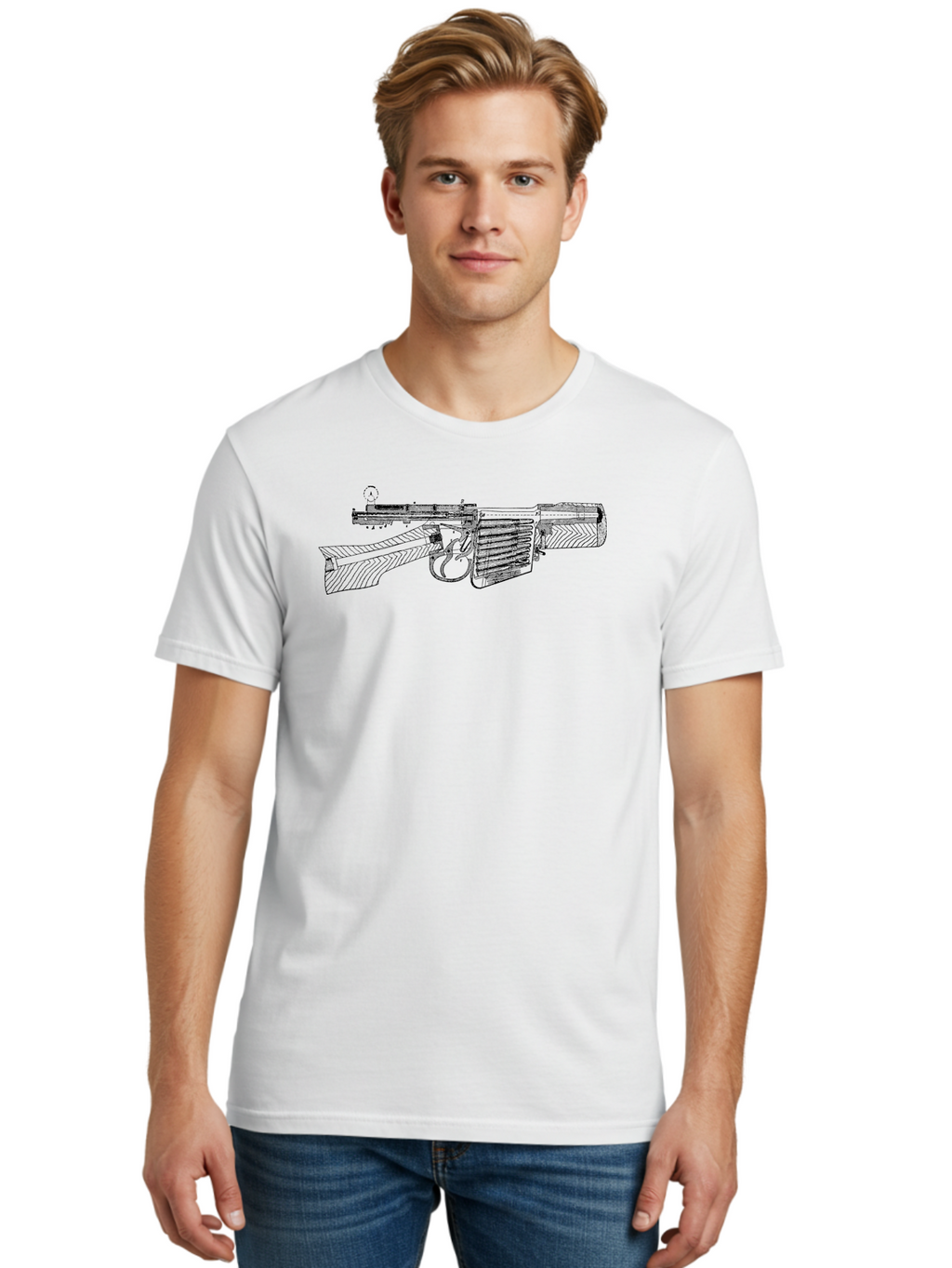 Mp40 Men'S Graphic Tee, 100% Cotton, Comfortable Casual Summer Wear, Machine Washable, Mp40 Submachine Gun, World War Ii Firearm, German Military Equipment, Vintage Gun Design, Black And White Illustration, Firearm Details, Historical Weaponry Aad552