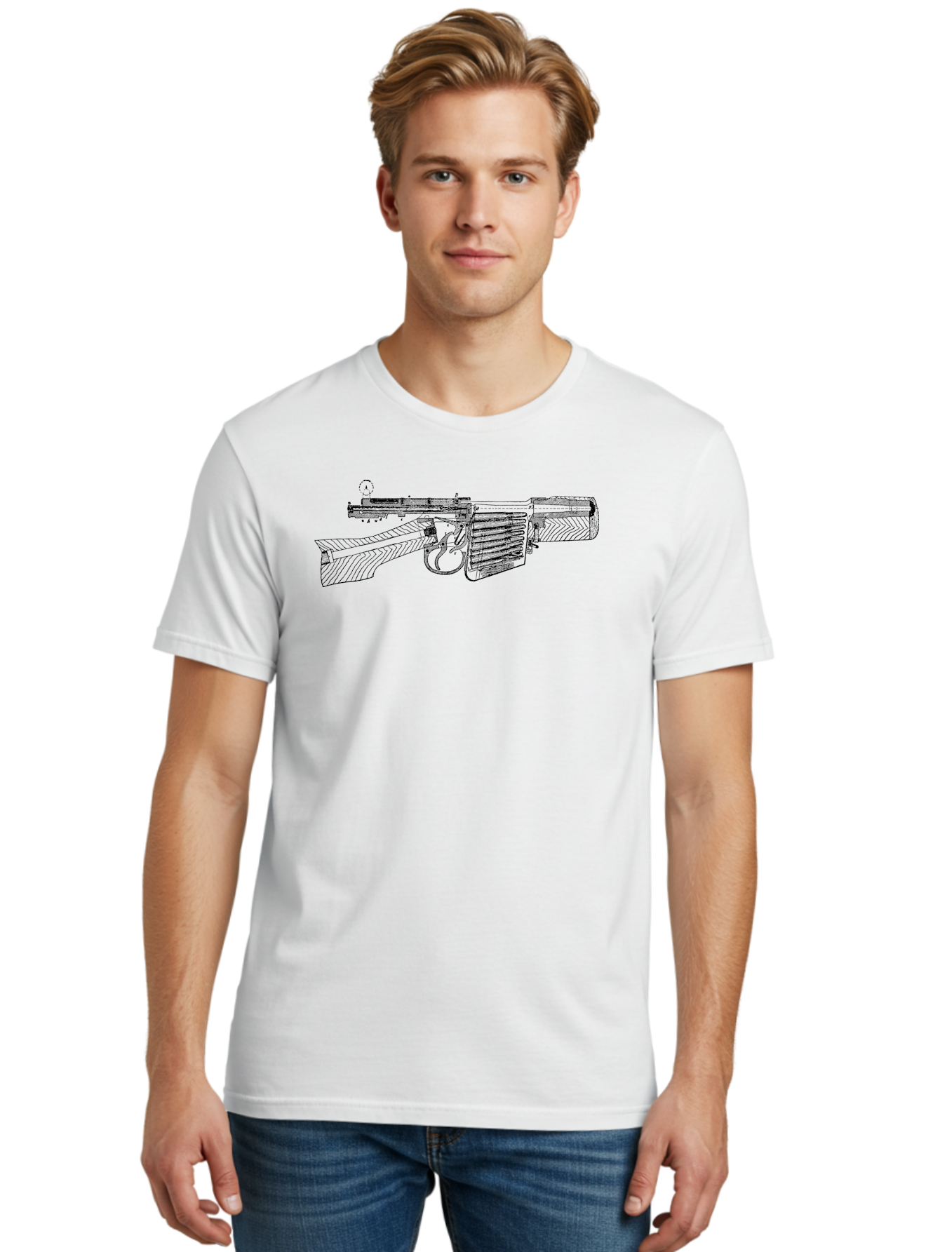 Mp40 Men'S Graphic Tee, 100% Cotton, Comfortable Casual Summer Wear, Machine Washable, Mp40 Submachine Gun, World War Ii Firearm, German Military Equipment, Vintage Gun Design, Black And White Illustration, Firearm Details, Historical Weaponry Aad552