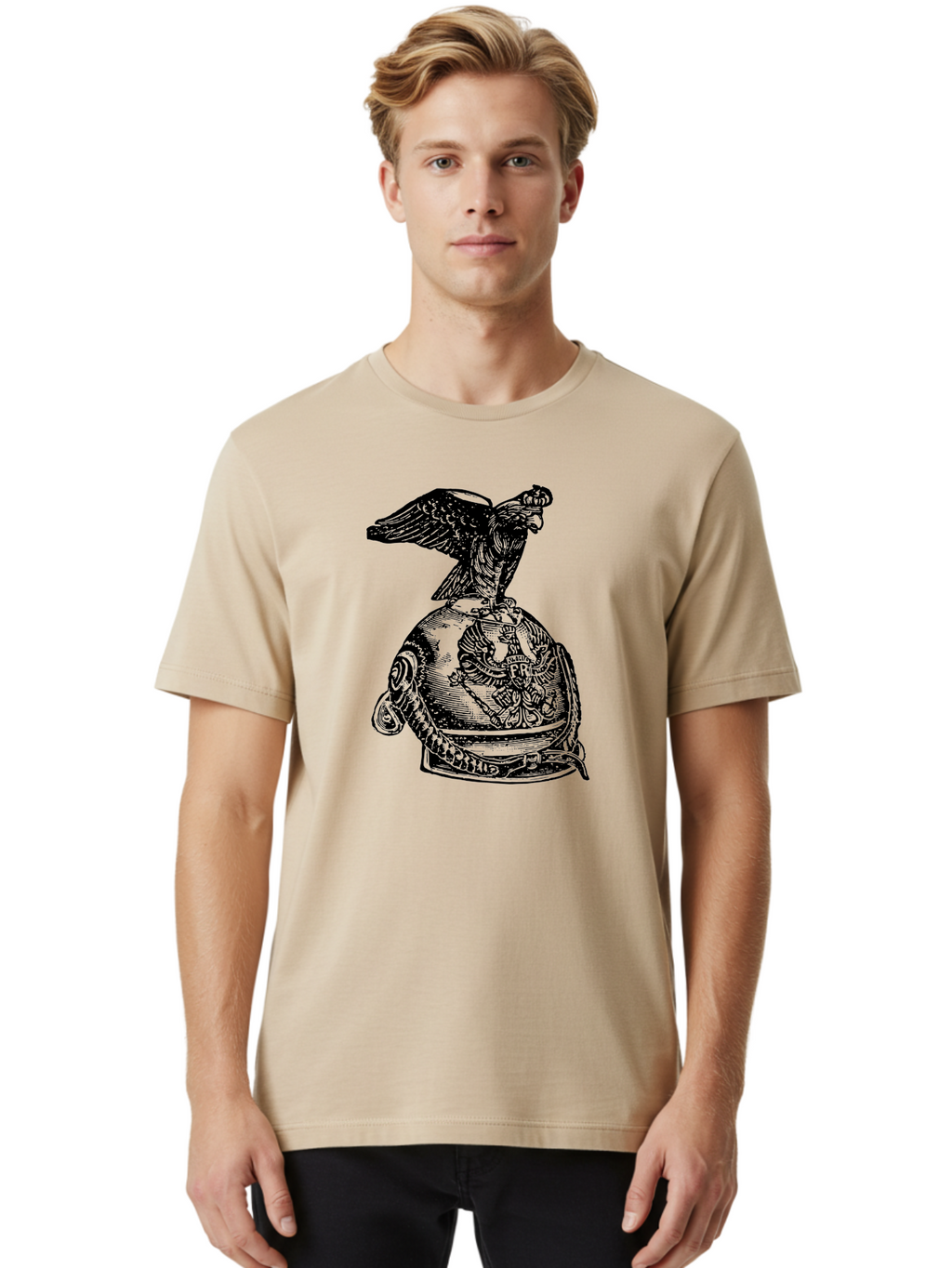 Pr-Eagle-Helmet-Crest Men'S Graphic Tee, 100% Cotton, Comfortable Casual Summer Wear, Machine Washable, Imperial Eagle, National Emblem, Symbolic Icon, Double-Headed Eagle, Historical Significance, Patriotic Symbol, Regal Crest, Aad555
