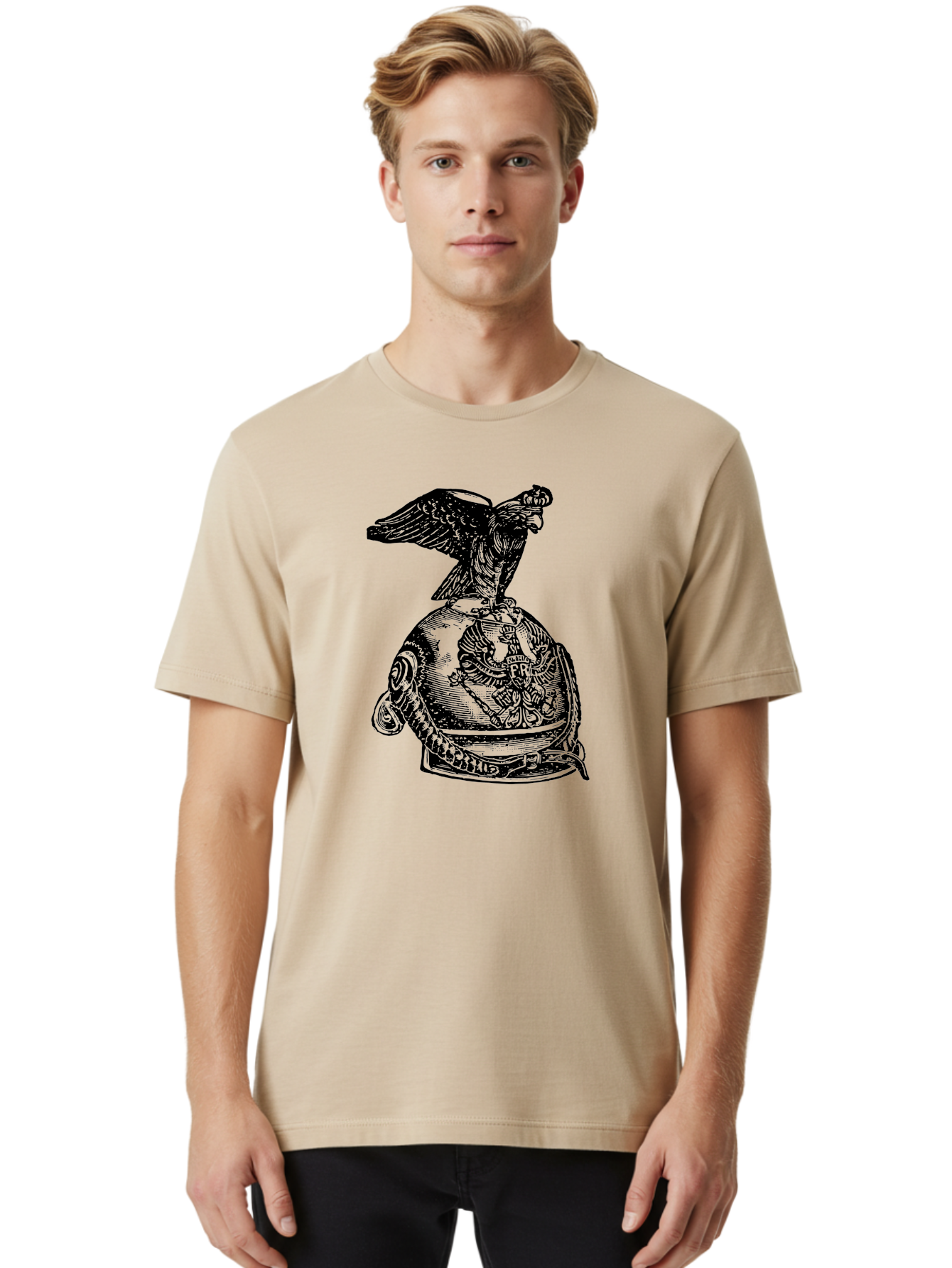 Pr-Eagle-Helmet-Crest Men'S Graphic Tee, 100% Cotton, Comfortable Casual Summer Wear, Machine Washable, Imperial Eagle, National Emblem, Symbolic Icon, Double-Headed Eagle, Historical Significance, Patriotic Symbol, Regal Crest, Aad555
