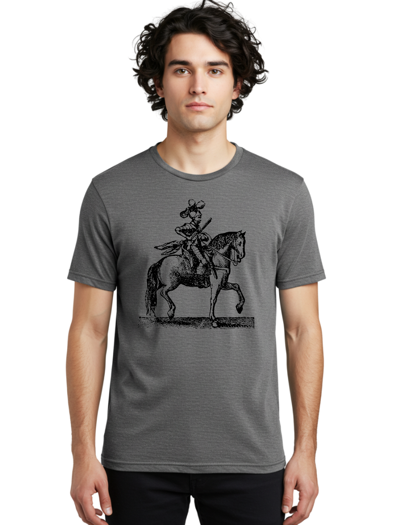 Soldier-On-Horseback Men'S Graphic Tee, 100% Cotton, Comfortable Casual Summer Wear, Machine Washable, Soldier Riding Horse, Cavalryman In Action, Equestrian Warrior, Historical Illustration, Horseback Rider, Military Uniform, Armed Soldier, Aad559