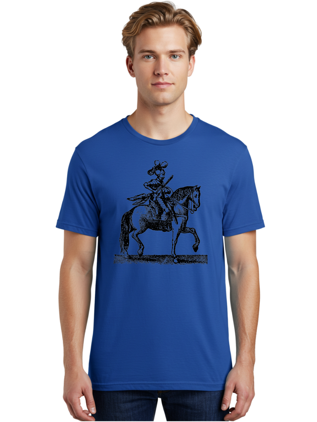 Soldier-On-Horseback Men'S Graphic Tee, 100% Cotton, Comfortable Casual Summer Wear, Machine Washable, Soldier Riding Horse, Cavalryman In Action, Equestrian Warrior, Historical Illustration, Horseback Rider, Military Uniform, Armed Soldier, Aad559