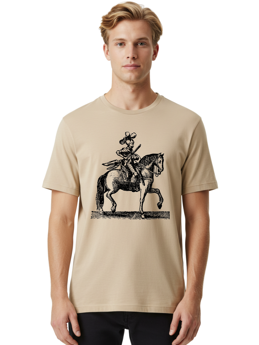 Soldier-On-Horseback Men'S Graphic Tee, 100% Cotton, Comfortable Casual Summer Wear, Machine Washable, Soldier Riding Horse, Cavalryman In Action, Equestrian Warrior, Historical Illustration, Horseback Rider, Military Uniform, Armed Soldier, Aad559