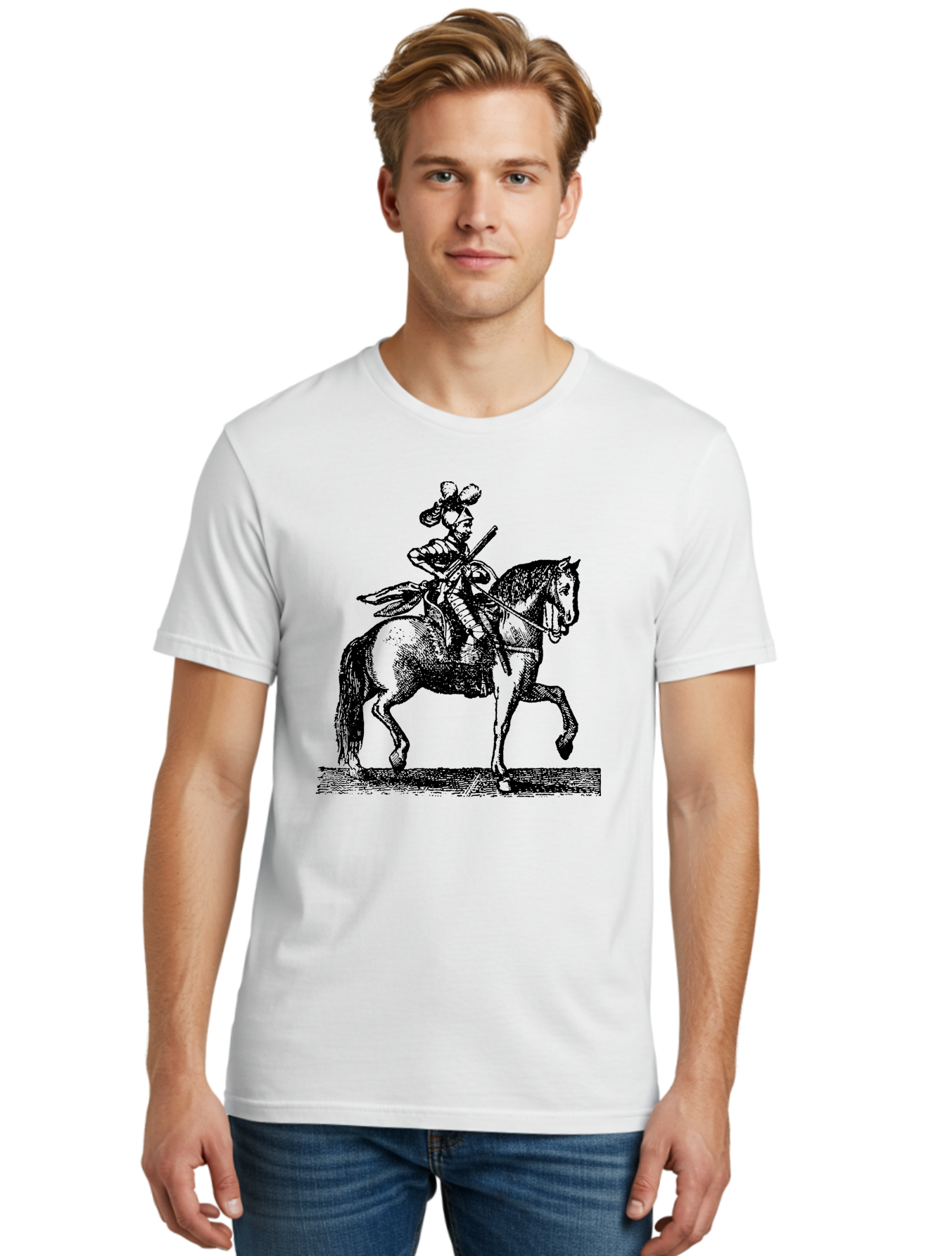 Soldier-On-Horseback Men'S Graphic Tee, 100% Cotton, Comfortable Casual Summer Wear, Machine Washable, Soldier Riding Horse, Cavalryman In Action, Equestrian Warrior, Historical Illustration, Horseback Rider, Military Uniform, Armed Soldier, Aad559