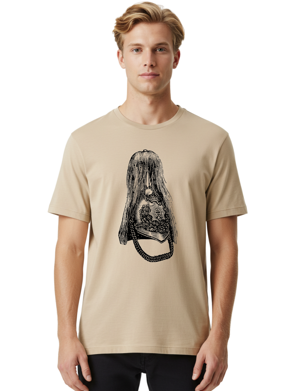 Woman-S-Purse Men'S Graphic Tee, 100% Cotton, Comfortable Casual Summer Wear, Machine Washable, Bell With Long Hair, Vintage Illustration, Gothic Art, Mysterious Symbols, Intricate Details, Abstract Portrait, Symbolic Imagery, Mysterious Bell, Aad567