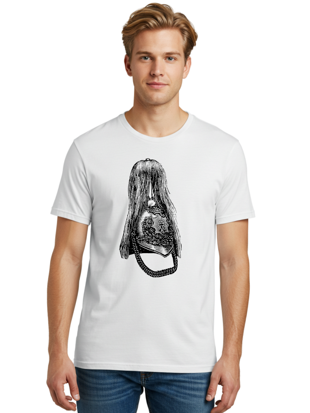 Woman-S-Purse Men'S Graphic Tee, 100% Cotton, Comfortable Casual Summer Wear, Machine Washable, Bell With Long Hair, Vintage Illustration, Gothic Art, Mysterious Symbols, Intricate Details, Abstract Portrait, Symbolic Imagery, Mysterious Bell, Aad567
