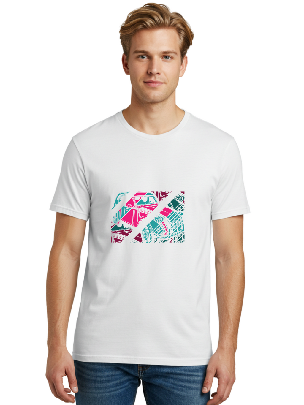 Abstract-Shapes Men'S Graphic Tee, 100% Cotton, Comfortable Casual Summer Wear, Machine Washable, Abstract Art, Modern Design, Vibrant Colors, Pink, Blue, Geometric Shapes, Mixed Media, Creative Expression, Artistic Texture, Contemporary Style Aad568