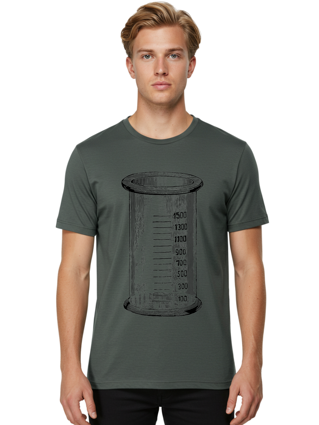 1500Ml-Beaker Men'S Graphic Tee, 100% Cotton, Comfortable Casual Summer Wear, Machine Washable, Laboratory Equipment, Measuring Beaker, Scientific Tools, Glassware, Measurement Markings, Chemistry Lab, 1500Ml Capacity, Precise Measurements, Aad577