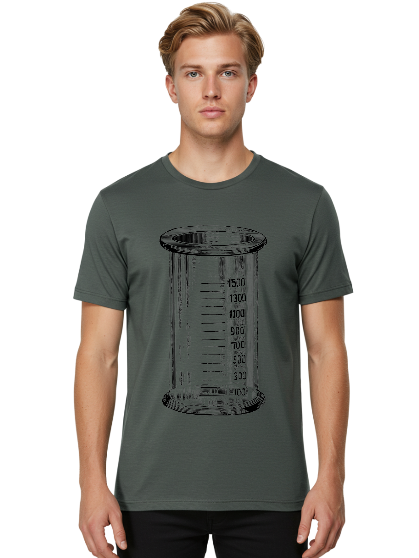 1500Ml-Beaker Men'S Graphic Tee, 100% Cotton, Comfortable Casual Summer Wear, Machine Washable, Laboratory Equipment, Measuring Beaker, Scientific Tools, Glassware, Measurement Markings, Chemistry Lab, 1500Ml Capacity, Precise Measurements, Aad577