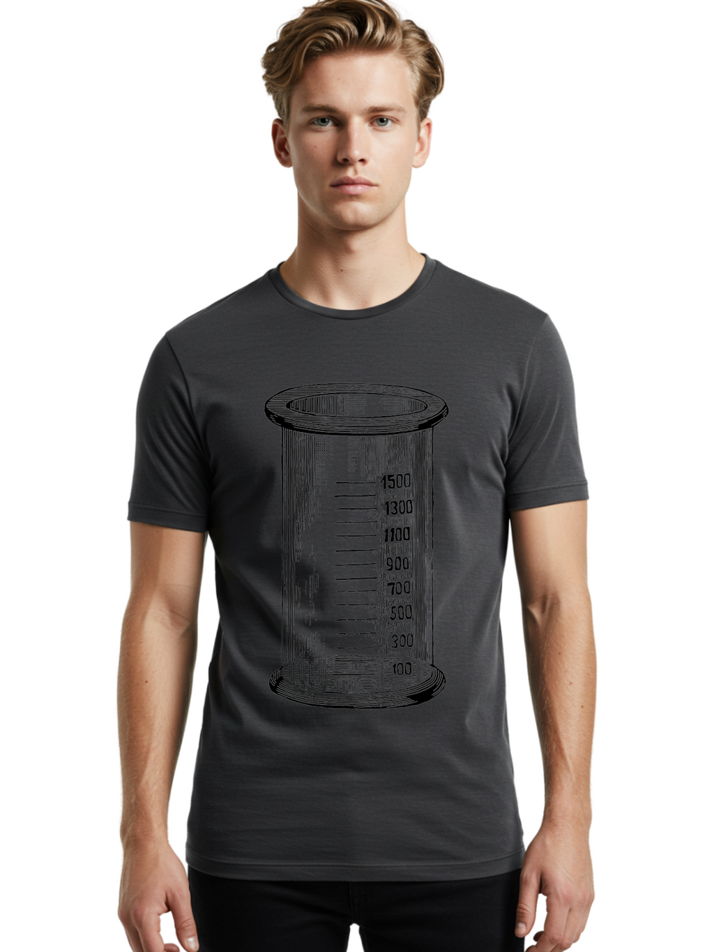 1500Ml-Beaker Men'S Graphic Tee, 100% Cotton, Comfortable Casual Summer Wear, Machine Washable, Laboratory Equipment, Measuring Beaker, Scientific Tools, Glassware, Measurement Markings, Chemistry Lab, 1500Ml Capacity, Precise Measurements, Aad577