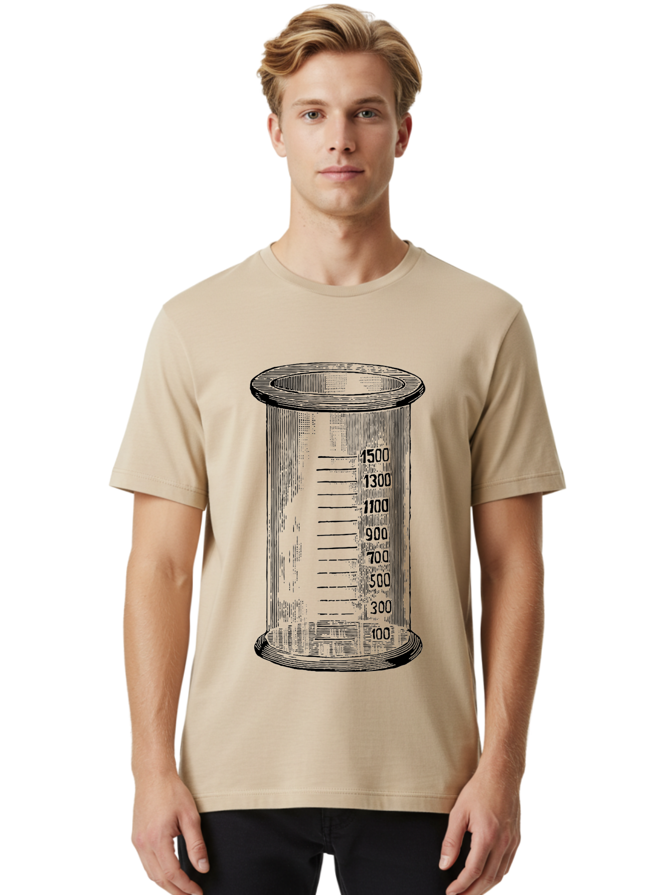 1500Ml-Beaker Men'S Graphic Tee, 100% Cotton, Comfortable Casual Summer Wear, Machine Washable, Laboratory Equipment, Measuring Beaker, Scientific Tools, Glassware, Measurement Markings, Chemistry Lab, 1500Ml Capacity, Precise Measurements, Aad577