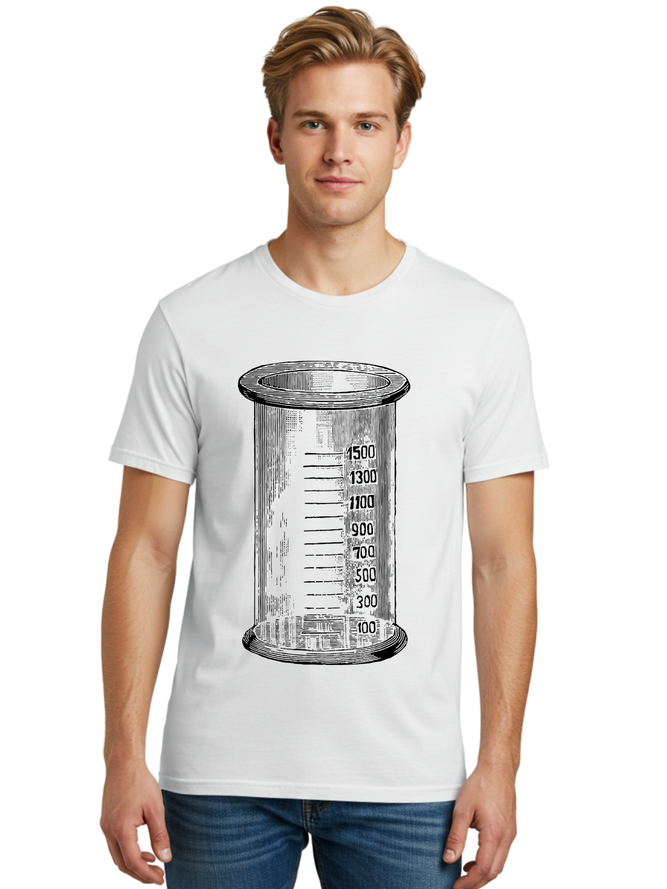 1500Ml-Beaker Men'S Graphic Tee, 100% Cotton, Comfortable Casual Summer Wear, Machine Washable, Laboratory Equipment, Measuring Beaker, Scientific Tools, Glassware, Measurement Markings, Chemistry Lab, 1500Ml Capacity, Precise Measurements, Aad577