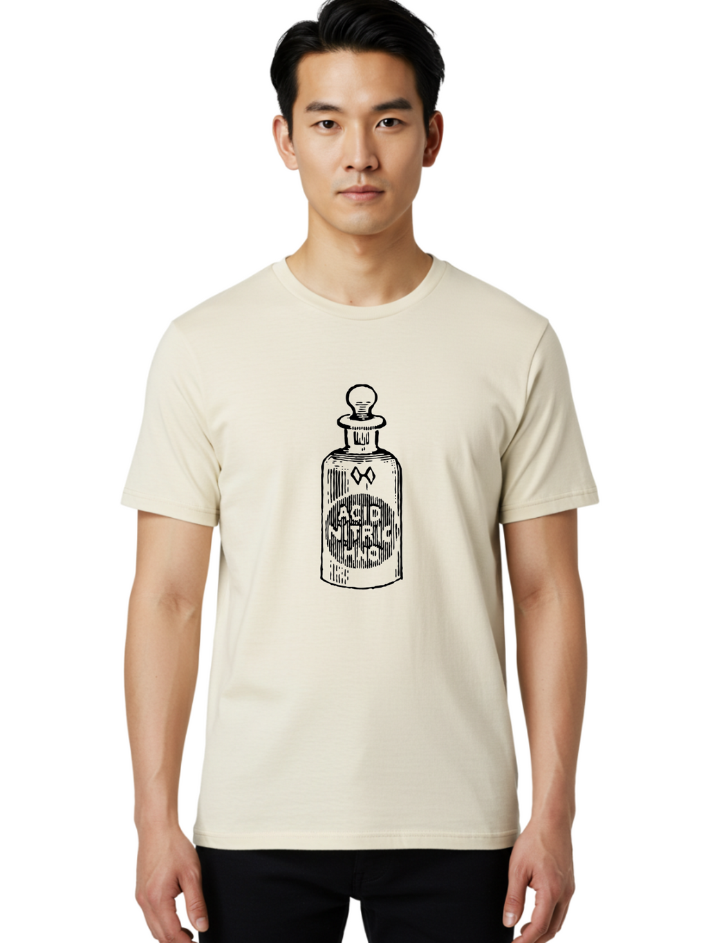 Acid-Nitricum Men'S Graphic Tee, 100% Cotton, Comfortable Casual Summer Wear, Machine Washable, Nitric Acid Bottle, Laboratory Equipment, Chemical Container, Vintage Illustration, Apothecary Jar, Scientific Symbol Aad578