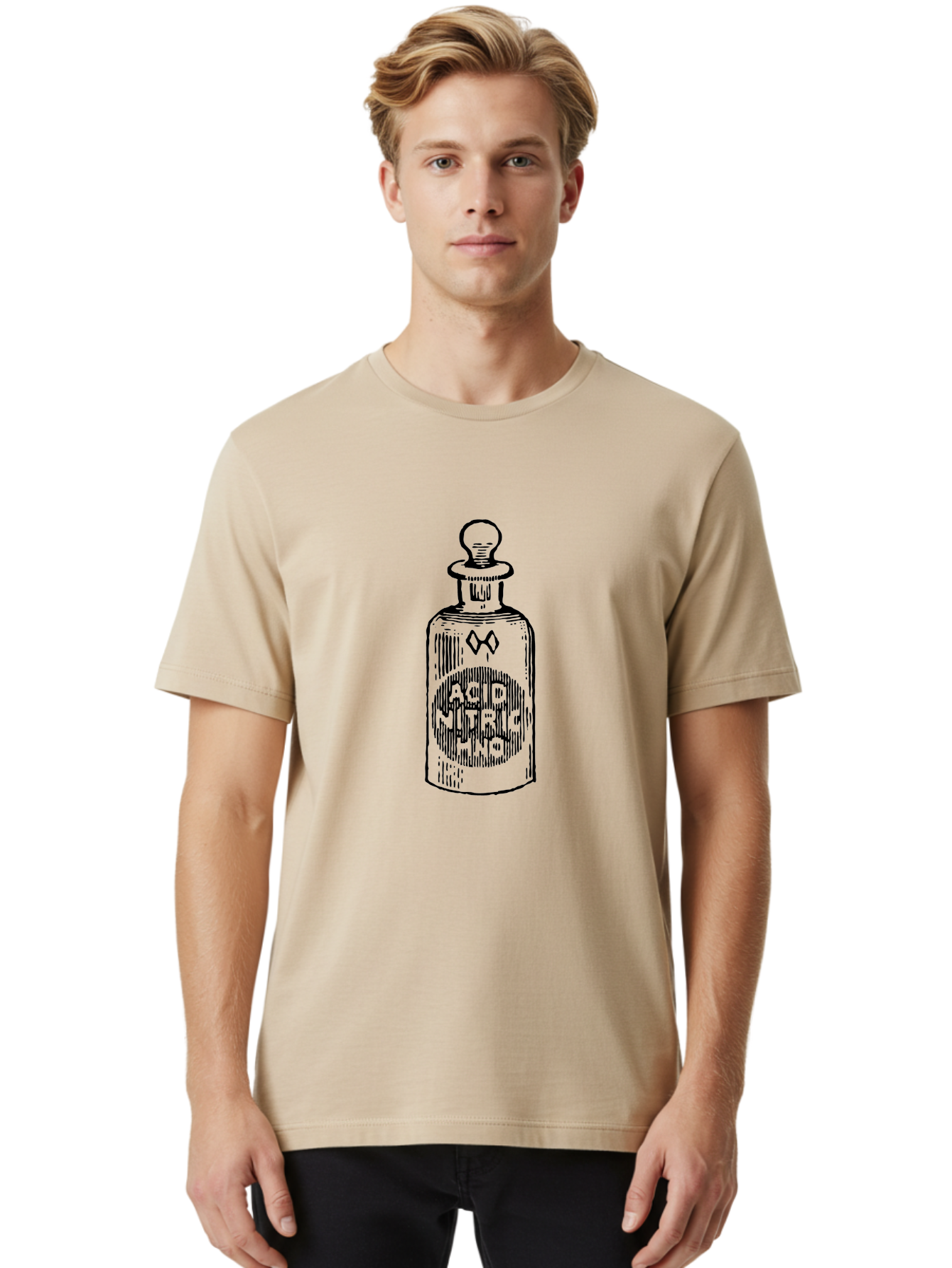 Acid-Nitricum Men'S Graphic Tee, 100% Cotton, Comfortable Casual Summer Wear, Machine Washable, Nitric Acid Bottle, Laboratory Equipment, Chemical Container, Vintage Illustration, Apothecary Jar, Scientific Symbol Aad578