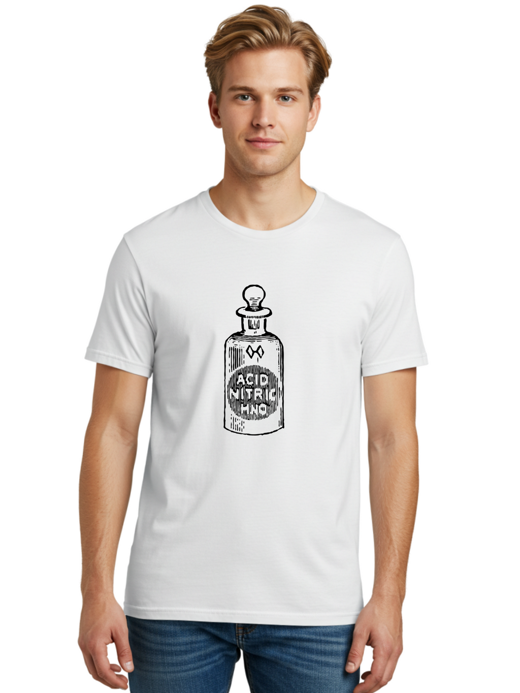 Acid-Nitricum Men'S Graphic Tee, 100% Cotton, Comfortable Casual Summer Wear, Machine Washable, Nitric Acid Bottle, Laboratory Equipment, Chemical Container, Vintage Illustration, Apothecary Jar, Scientific Symbol Aad578