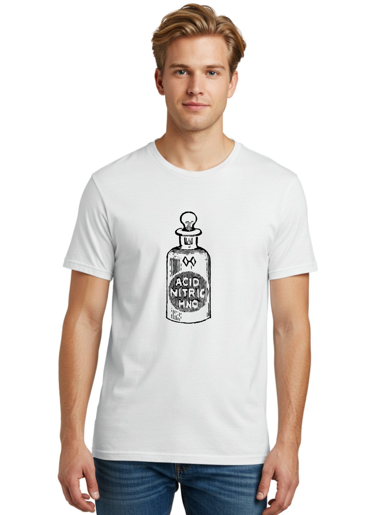 Acid-Nitricum Men'S Graphic Tee, 100% Cotton, Comfortable Casual Summer Wear, Machine Washable, Nitric Acid Bottle, Laboratory Equipment, Chemical Container, Vintage Illustration, Apothecary Jar, Scientific Symbol Aad578