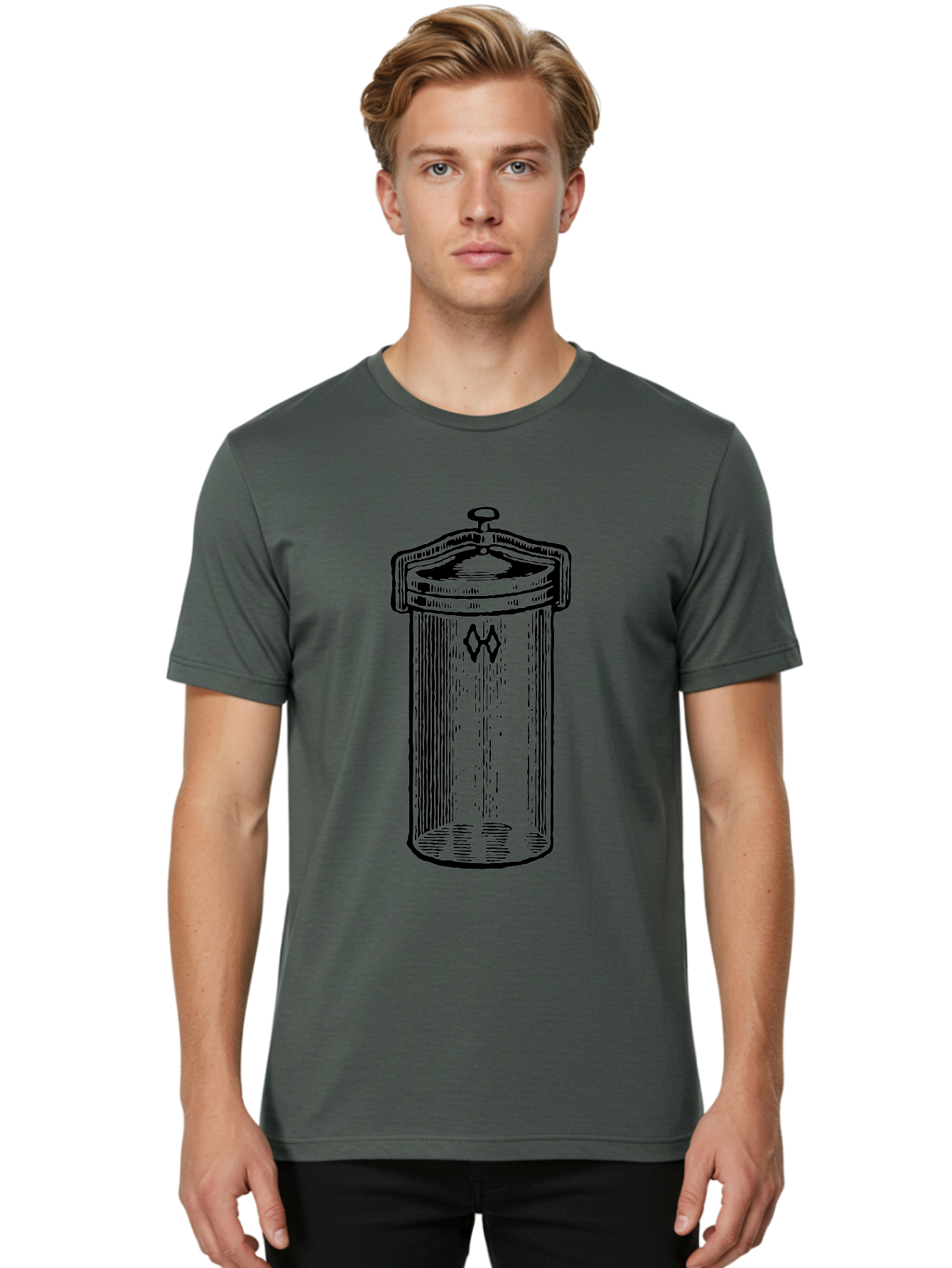 Cylindrical-Canister Men'S Graphic Tee, 100% Cotton, Comfortable Casual Summer Wear, Machine Washable, Cylindrical Container, Vintage Design, Hand-Drawn Illustration, Mysterious Symbol, Abstract Artwork, Minimalist Style, Geometric Shapes, Aad589
