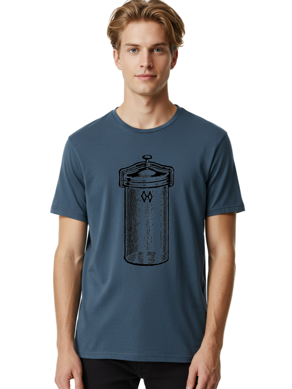 Cylindrical-Canister Men'S Graphic Tee, 100% Cotton, Comfortable Casual Summer Wear, Machine Washable, Cylindrical Container, Vintage Design, Hand-Drawn Illustration, Mysterious Symbol, Abstract Artwork, Minimalist Style, Geometric Shapes, Aad589